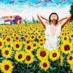 GIOIA_E_VOGLIA_DI_VIVERE_-_Olio_su_tela_60_x_50_-_di_GaetanoartstMinale a smiling girl in a field of yellow bright sunflowers