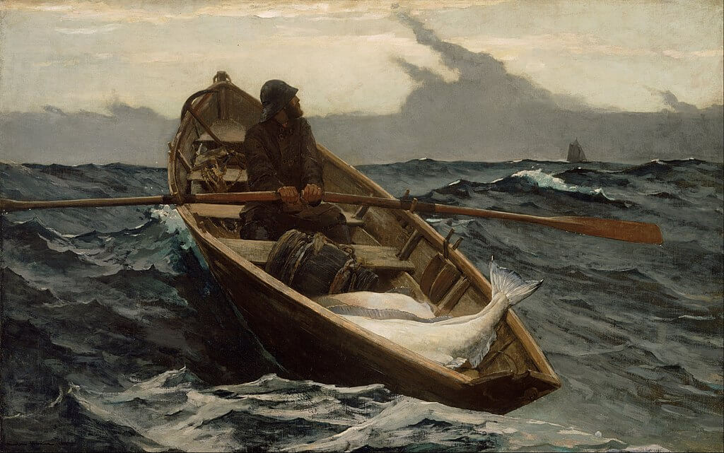Winslow_Homer_-_The_Fog_Warning_-_a man in a boat on the sea looking up to the sky expecting a storm used as feature in an article on how to sleep in a storm