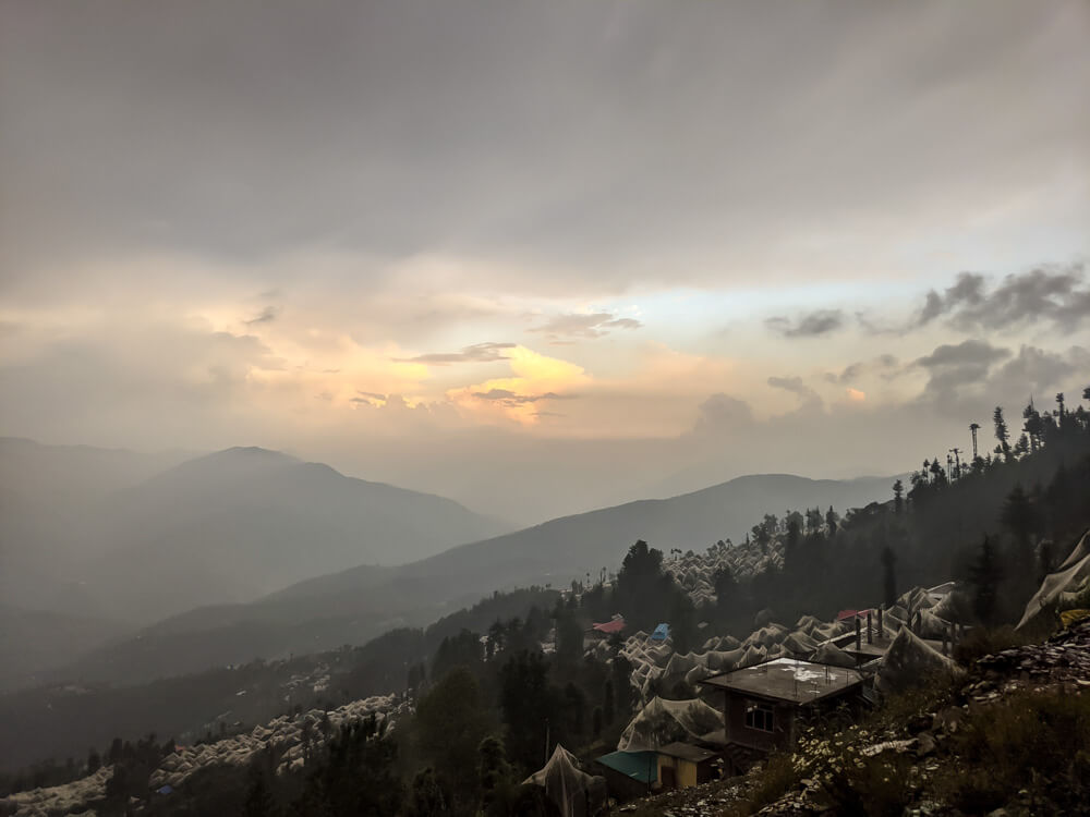 a misty evening on fagu and surrounding villages of shimla