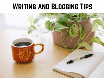 writing and blogging category shown by a notebook, pen, a coffee cup, and a plant photo