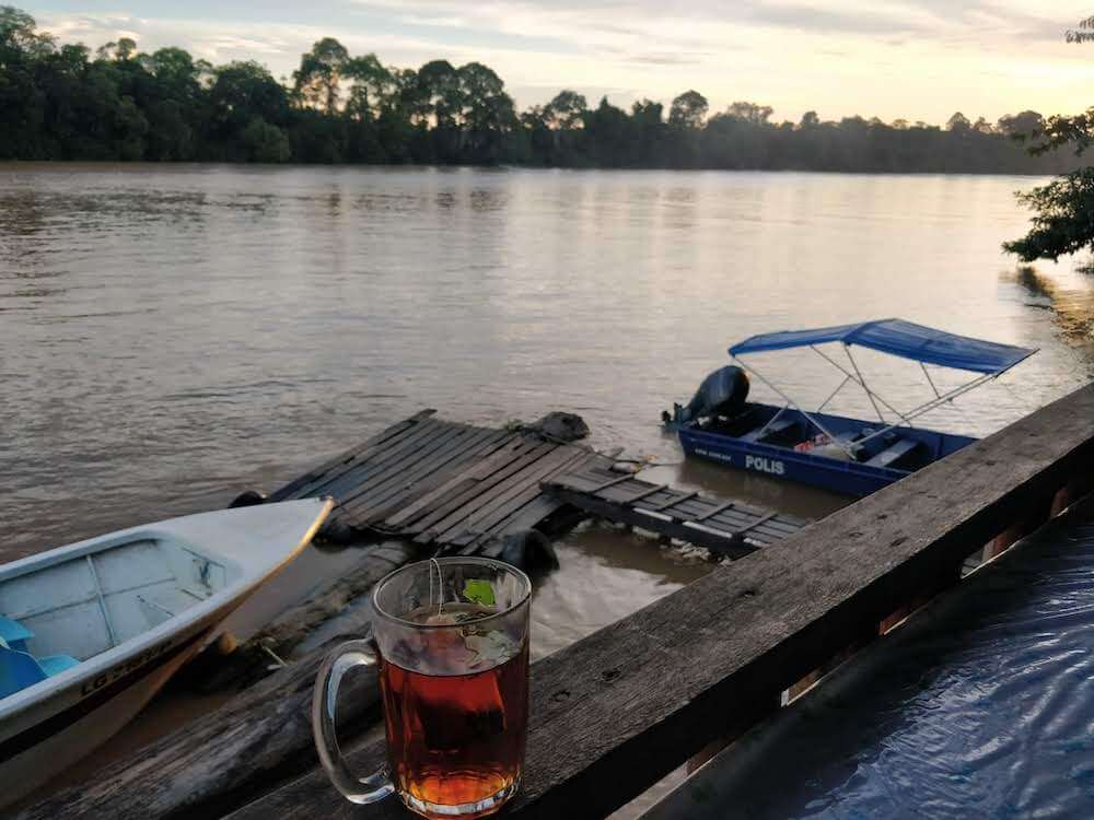 drinking tea on river kinabatangan sukau village borneo
