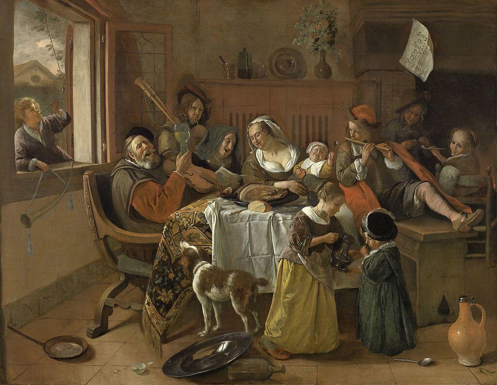Jan_Steen_Vrolijke_huisgezin family making merry together