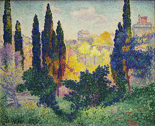 1024px-Henri-Edmond_Cross,_1908,_Les_cyprès_à_Cagnes painting of a tree in parks of Paris 