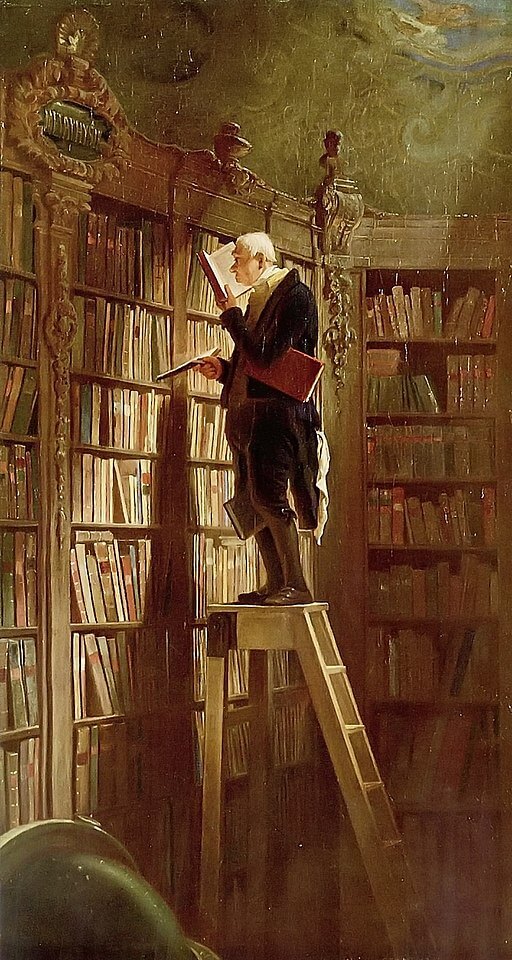 Carl_Spitzweg painting showing a bookworm/reader climbed up on a long stool buried in books 
