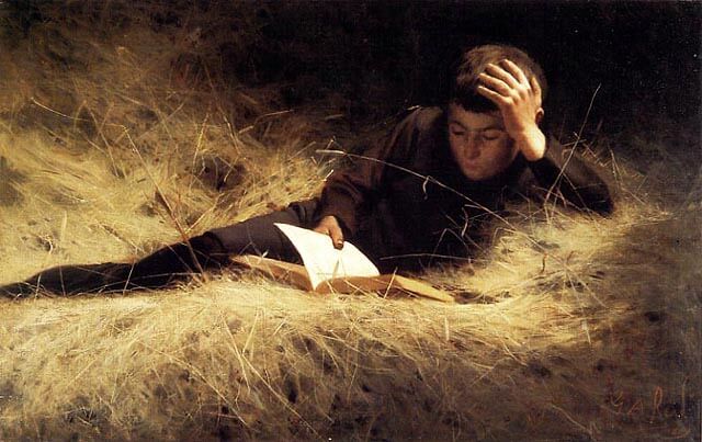 Forbidden_Fruit_by_George_A._Reid,_1889 a boy reading in the hay (1)