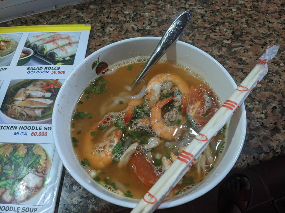 shrimp noodle soup in Banh Thanh market Saigon